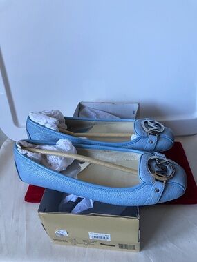 Michael Kors Womens Fulton Moc Logo Light Sky Blue Leather Flat Shoes Sz 7 M